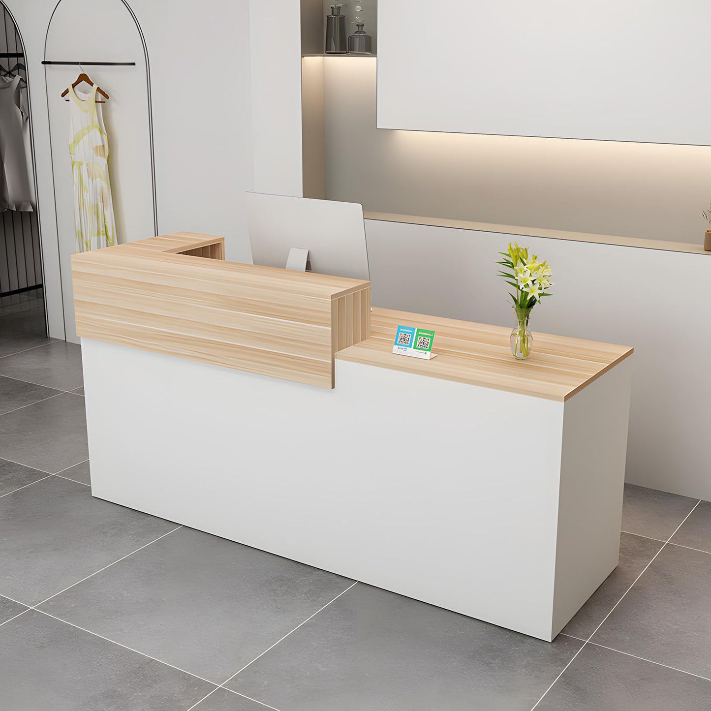 LSZMXI Modern Reception Desk with Drawer & Open Shelves, 39-95 Inch Front Counter Table, Computer Workstation Suitable for Salons, Offices, Lobbies, Retail Stores and Home Offices