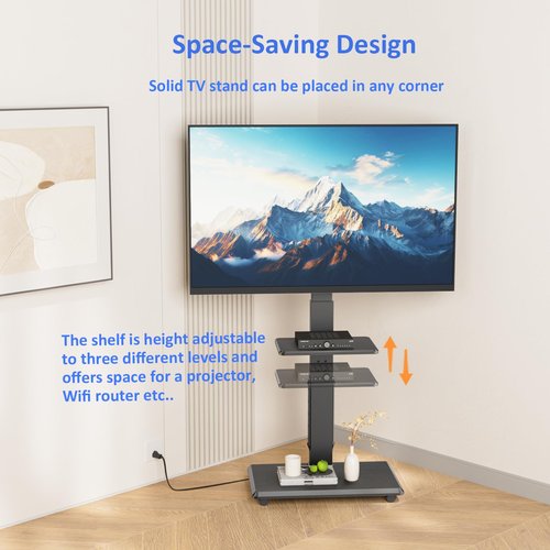 Afaloona Rolling TV Stand with Power Outlet, Mobile TV Cart for 32-75 Inch TVs up to 110 lbs, 18 Adjustable Heights, Max VESA 600x400mm, TV Floor Stand with Swivel Mount/Shelf/Wheels, Fits for Bedroom