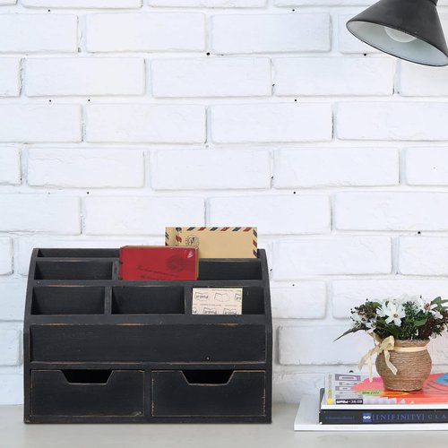 Sintosin Farmhouse Gray Black Countertop Mail Organizer with Drawers, Wall Mount Rustic Mail Sorter, Holder for Desk Table Office Storage