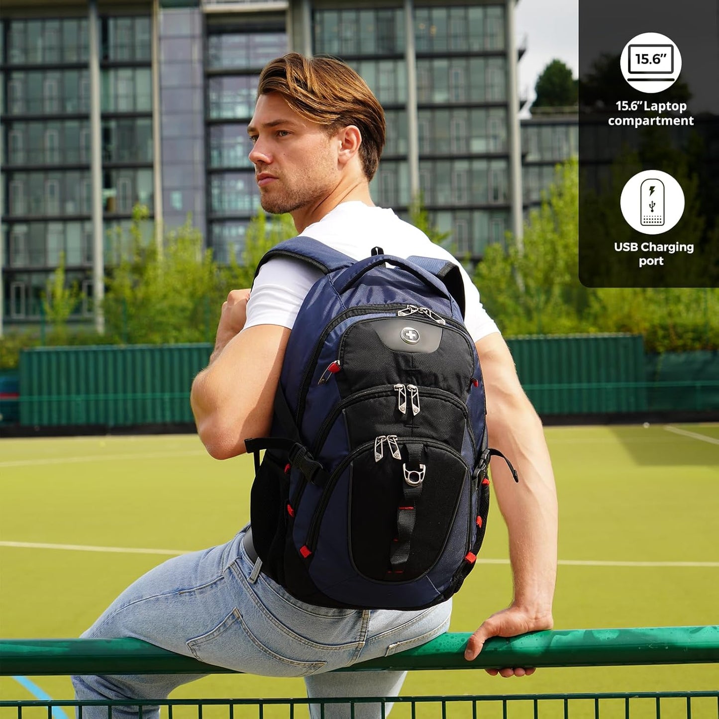 Swissdigital Laptop Backpack - USB Charging Port, Fits 15.6" Laptops, 31L Travel Bag for Men, Blue/Black | Water-Repellent SD803-12