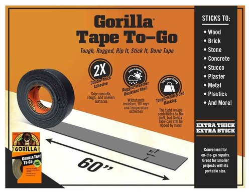 Gorilla Tape, Mini Duct Tape To-Go, 1" x 10 yd Travel Size, Black, (Pack of 12)