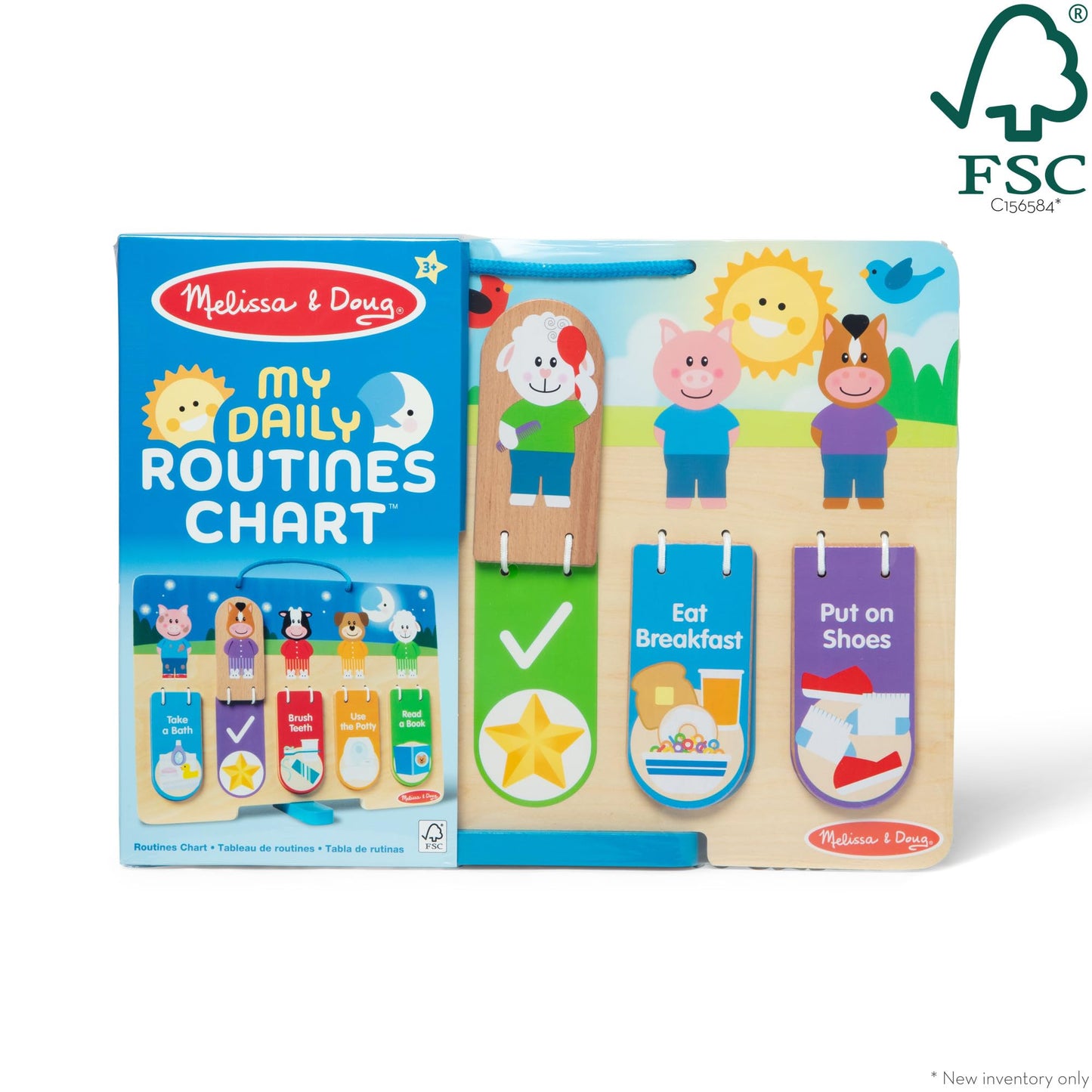 Melissa & Doug My Daily Routines Chart, Wooden Daytime and Nighttime Habit Tracker with Multi-Lingual Stickers, Hands-On, Screen-Free Preschool Toys for Girls & Boys Ages 3+ - FSC Certified