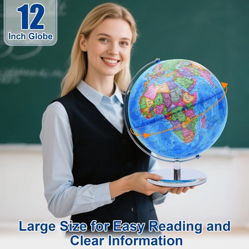 World Globe for Children and Adults, 12 inch Educational Spinning Earth Map with Stand, Self-Assembled Interactive World Globes for Kids Learning, Classroom, Students Desk, Room and Office Decor
