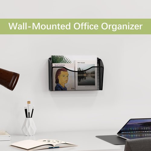 EasyPAG Wall File Holder, Single Mesh Hanging File Organizer for A4 Letter Size Paper, Wall Mount Paperwork Basket for Office, Home, School, Black