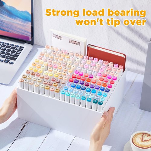 MotiMind Acrylic Marker Organizer for 176 Marker, Large Art Pencil Holder Storage Rack for Desk, Pens Art Brushes Display Stand with 22 Compartments for Desktop, Office (White, 176 Capacity)