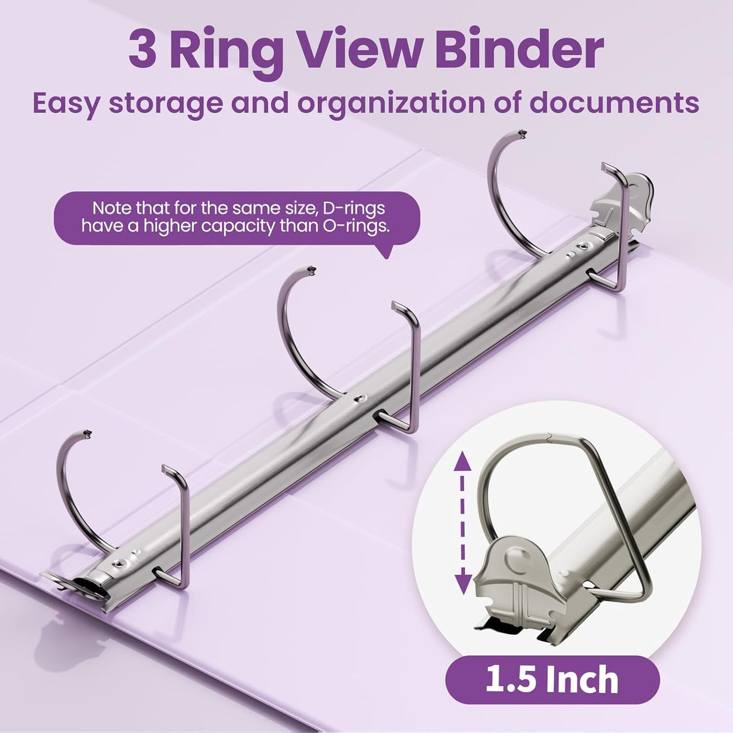 SUNEE 3 Ring Binder - 1.5 Inch D Ring, PVC-Free Clear View - Light Purple, 2 Pack for School & Office