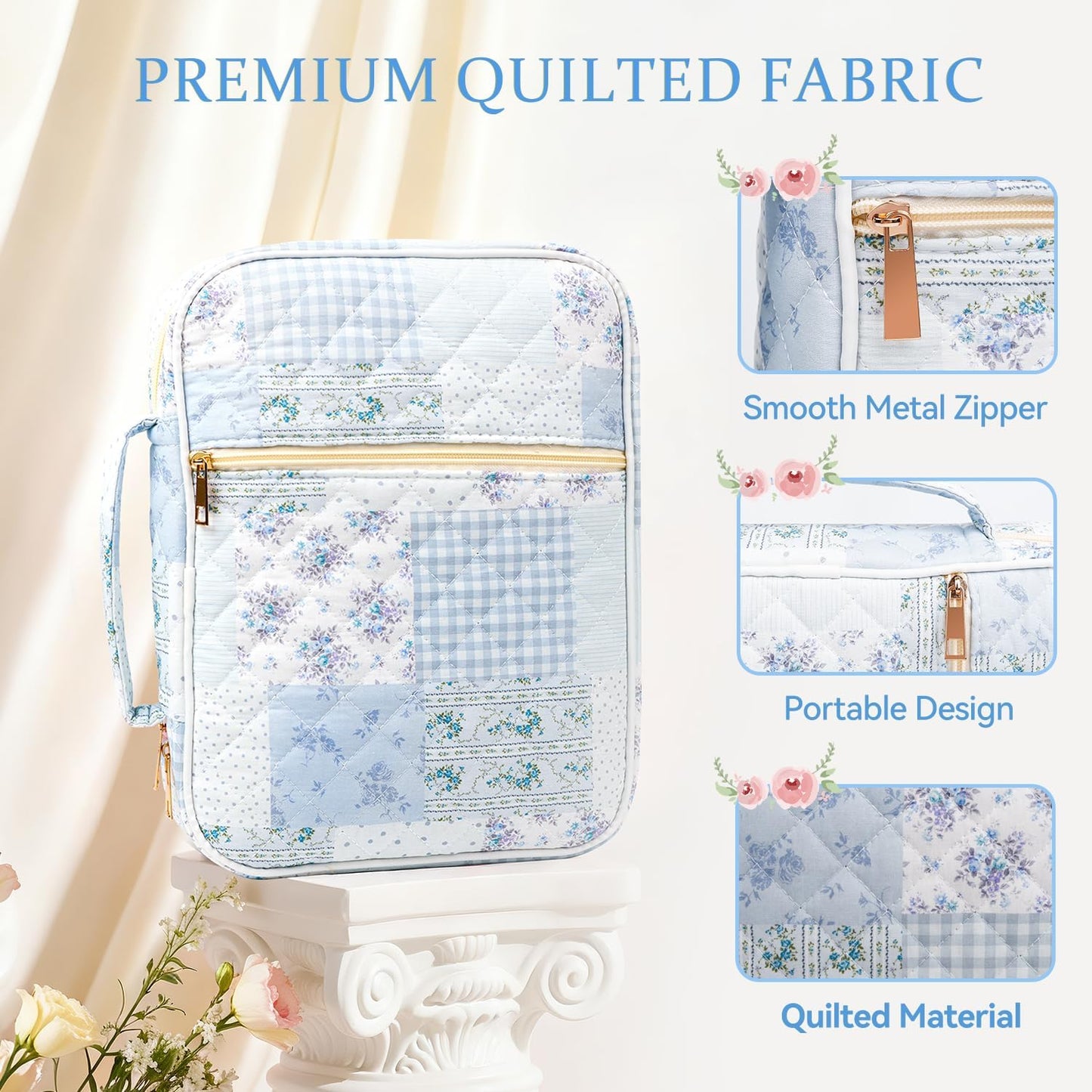 Skiennix Bible Cover Case for Women - Large Quilted Carrying Bag with Handles | Cotton Blue Patchwork, M