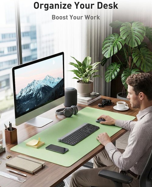 Aothia Faux Leather Desk Mat - Non-Slip Waterproof Writing Surface | Large Foam Green Desk Pad (55" x 24")
