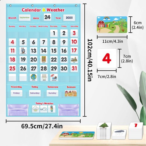 Educational Calendar and Weather Pocket Chart Set for Kids - Classroom Learning Tool with 147 Double-Sided Cards,Daily Routine Tracker for Preschool to Elementary (Light Blue)