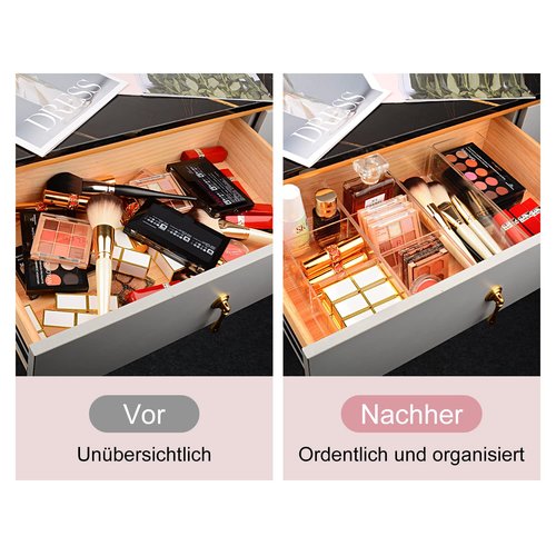 JessLab Acrylic Organizers, Bathroom Organizer for Drawer, 4-Pack Cosmetic Display Cases for Vanity, Countertop, Desk, Kitchen, and Makeup Storage, 2 of 1-Compartment and 2 of 3-Compartment