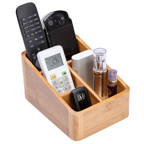 VolksRose Desk Remote Control Holder Multi-Function Coffee Table Office Supplies Storage Organizer, Home Sundries Bamboo Storage Box with 4 Compartments - Perfect for Makeup, TV Guide, iPad, Caddy #3