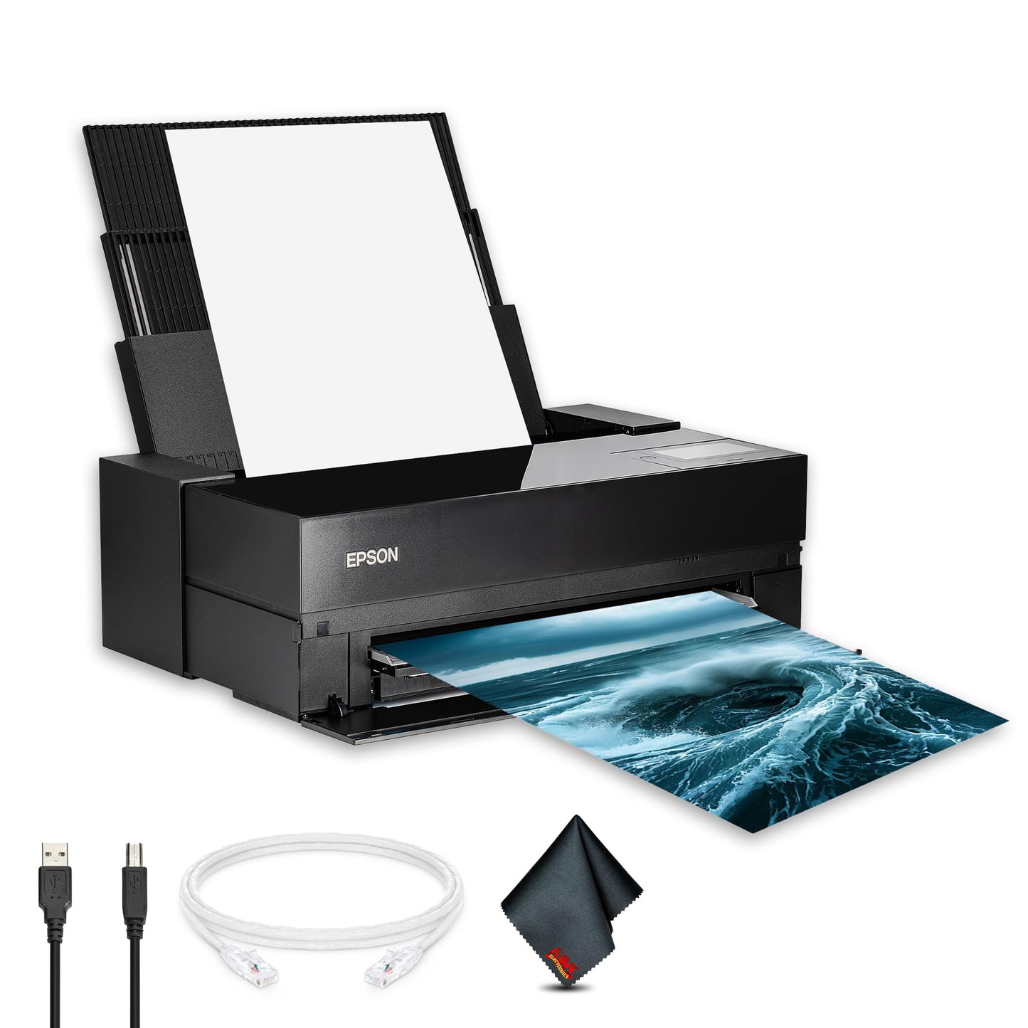 EPSON SureColor P900 17 Inch Photo Printer (C11CH37201) Bundle with Ethernet Cable, USB Cable, Fiber Cloth