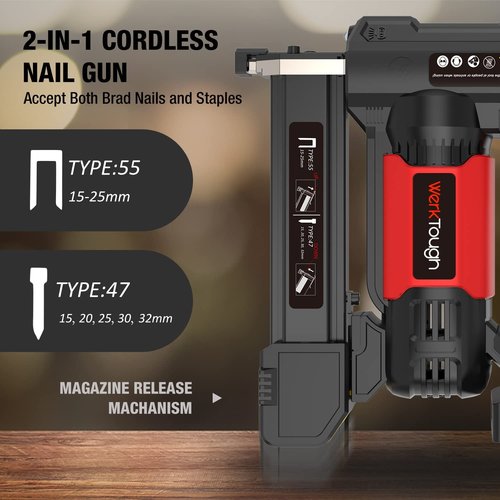 Werktough 20v Cordless Staple Gun Brad Nailer 2 in 1 Aluminum Metal magzine 1 Hour Fast Charger 2000mA Lithium Battery 2000pcs Free Staples(90 4/5”1000+18GA 1”x1000) in Tool Case