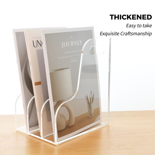 AIMOLLY 3 Vertical Compartments File Holder, Clear Acrylic Desk Organizer and Storage Bins Holding for Magazines, Binders, Notebooks, Envelopes, Multi-purpose Document Organizer for Home Office