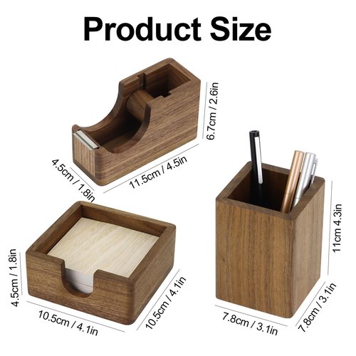 Buqoo 3 Piece North American Black Walnut Wood Desk Organizer Set with 3x3 inch Sticky Note Holder and Tape Dispenser & Pen Holder for Office Desk Accessories & for Schoo N Home Office Supplies Kit