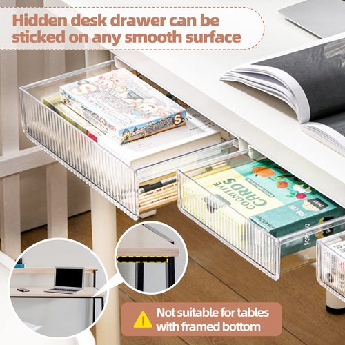 2Pcs Under Desk Storage Drawers, Large & Medium, Stick On, Hidden Under Table, Organizer for Home Office & School - Clear White