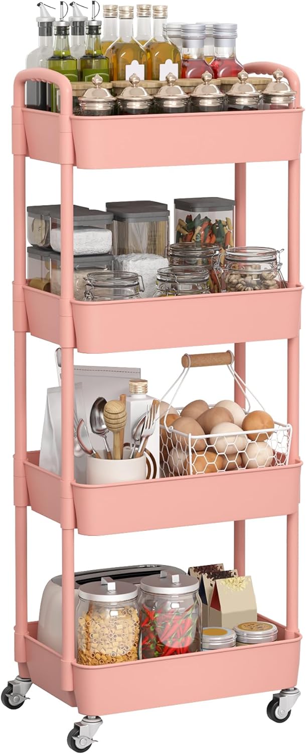 Sywhitta 4-Tier Rolling Utility Cart - Multi-Functional Storage Trolley with Handle, Pink