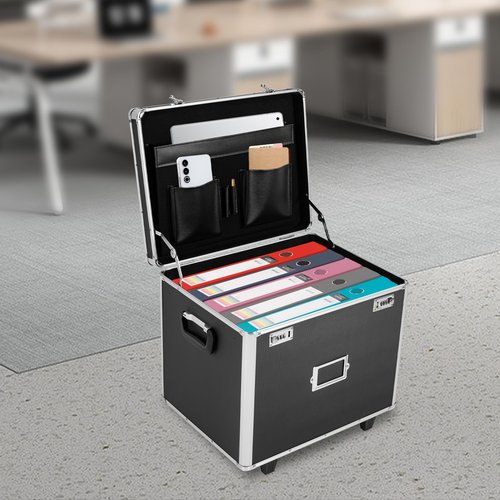 MUSESPANI Portable File Storage Box, 19.2" x 15" x 16 Aluminum Alloy File Lock Box, Mobile Lock Box with Handle, Combination Locking Cabinet for Filing Office Documents (black)