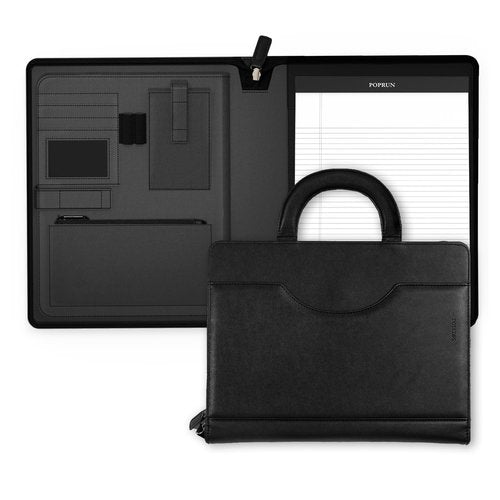 POPRUN Portfolio Binder with Zipper, Leather Padfolio Document Organizer with Storage, Professional Business Briefcase ideal for Meeting Presentation Work-Includes 50 Sheet Writing Pad, Black