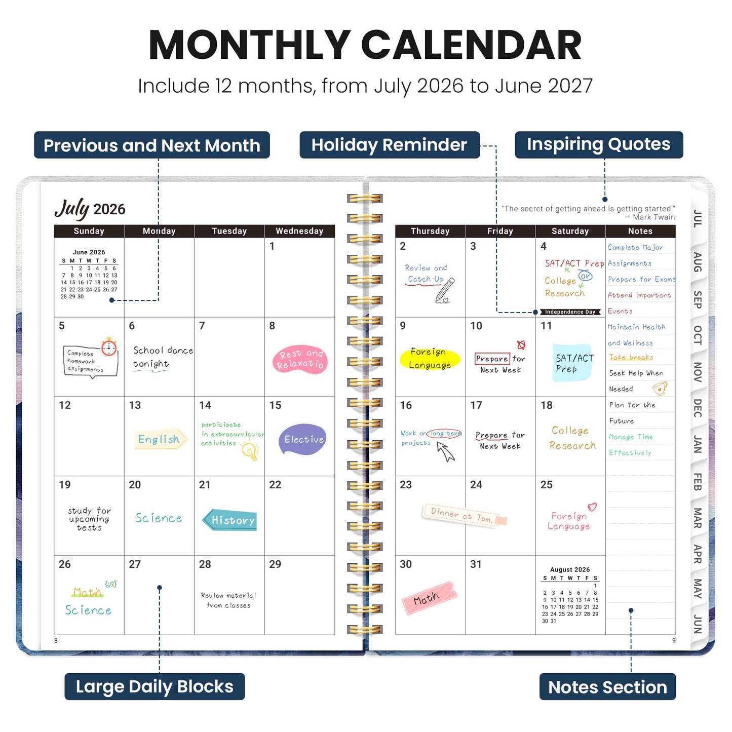 Planner 2026-2027, Monthly and Weekly Academic Planner July 2026 - June 2027, Hardcover Student Teacher Planning Agenda Calendar Book with Tabs, Perfect for Office School Supplies, A5 (6.3" x 8.5") - Distant Peaks