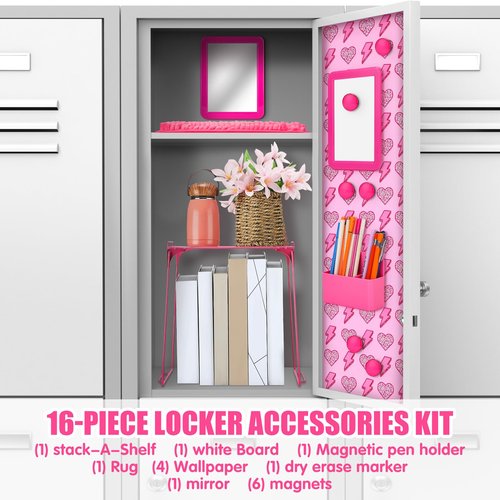 Pinkunn 16 Pcs Pink Preppy Style Locker Organizer Accessories Include Wallpaper Magnetic Whiteboard Mirror Dry Eraser Marker Rug Storage Organizing Shelf for Back to School Party(Lightning Heart)