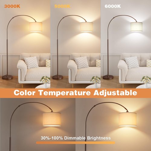 Ambimall 70" Dimmable Arc Floor Lamp with Remote, Color Temperatures and Brightness Adjustable, Arched Floor Lamp with Rotating Head, Over Couch Arched Reading Light for Living Room (Beige and Brown)