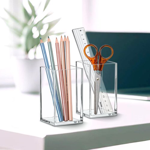 Amazing Abby - Penelope - 2-Pack Pen Holder, Acrylic Pen Holder, Clear Plastic Organizer for Office Supplies, Perfect Office Desktop Storage Solution for Pencils, Pens, Markers, Scissors, and More