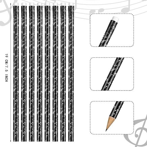 Chinco Music Note Pencils - 24 Fun Black & White Round Pencils with Erasers for Kids & Classroom Supplies