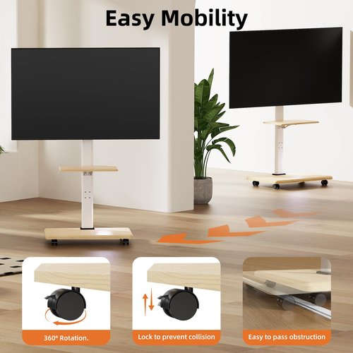 Rolling TV Stand with Wheels, Mobile TV Cart for 32-75 Inch Flat Screen TVs, Floor TV Stand with Swivel and Height Adjustment, Portable AV Cart with Wood Shelf for Bedroom,Home Office
