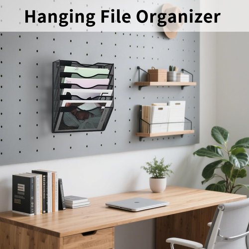 LEKETREE Hanging Wall File Organizer with Office Assorted, 5 Pockets Mesh Wall Mounted File Folder Holder for Mail, Paper, Document, Binder, Magazine, Menu (Black)
