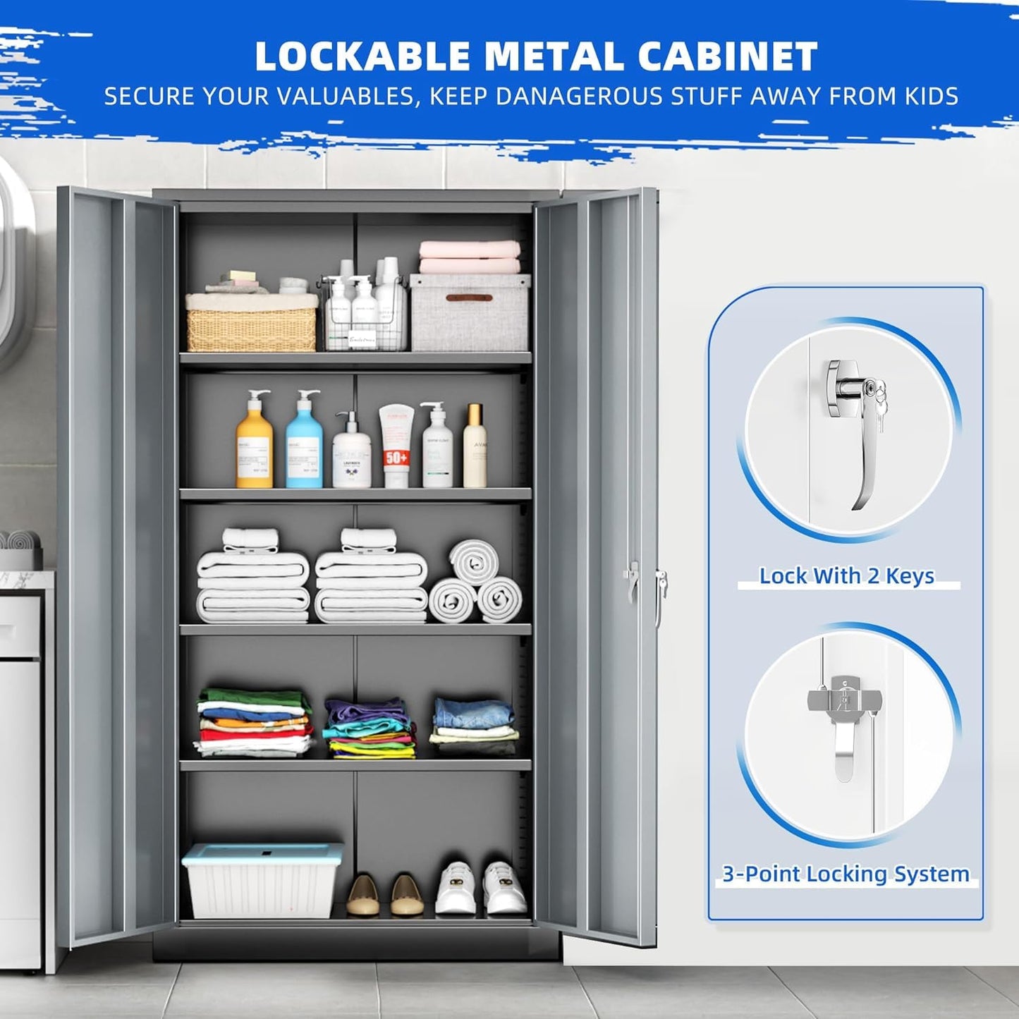 INTERGREAT Metal Storage Cabinet with Lock,72" Tall Steel Cabinets with 2 Doors and 4 Adjustable Shelves,Lockable Steel Storage for Home Office, Garage, Warehouse (Black Grey)