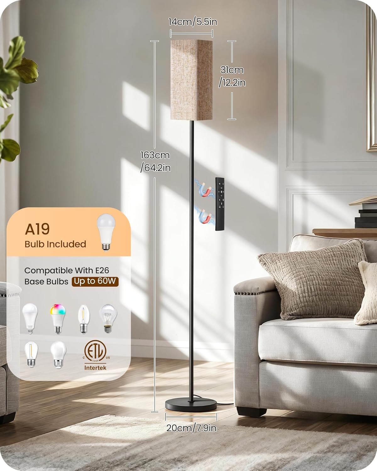 Skiennix Dimmable Floor Lamp - Modern Corner Lamp with Remote & Foot Switch | Beige & Black, 64.2” Tall