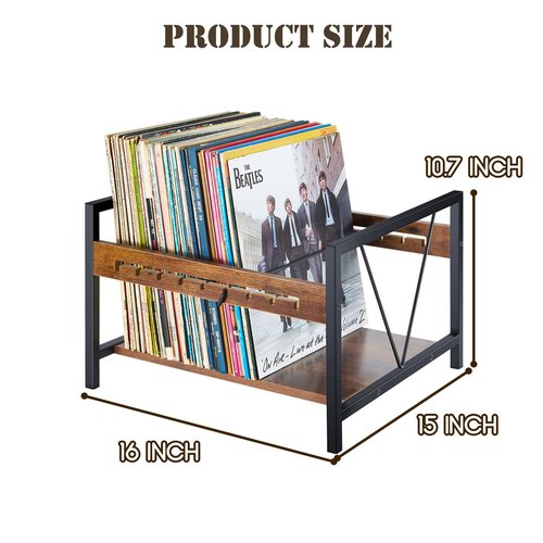 Edergoo Retro Vinyl Record Storage Rack, Metal & Wood Record Holder with Adjustable Dividers, Holds 80–100 Albums, Desktop Organizer for Records, Books & Files