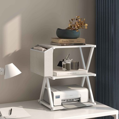 VEDECASA White Mobile Printer Stand 3 Tier Wood Shelf Metal Frame Printer Cart with Storage Bag for Home Office Modern Under Desk Table Side Printer Cart with Rolling Caster Wheel