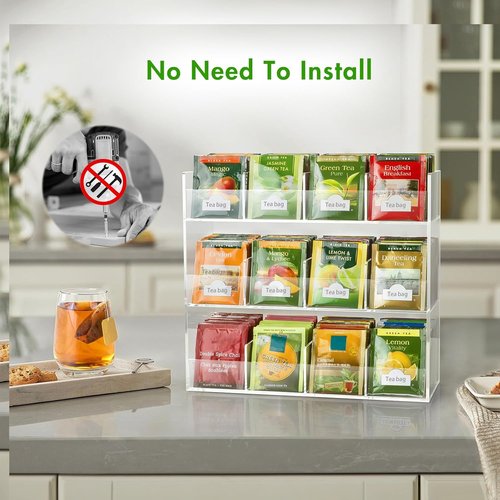 BEYGORM Acrylic Tea Bag Organizer - Holds 216 Packets | No Assembly Required, Vertical Display Caddy