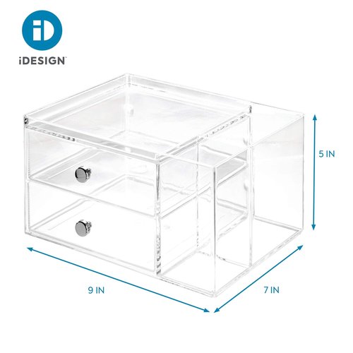 iDesign Plastic Vanity, Compact Storage Set Compartments for Cosmetics, Dental Supplies, Hair Care, Bathroom, Dorm, Desk, Countertop, Office, 6.5" x 6.5" x 6.5", 2 Drawer-Side Organizer