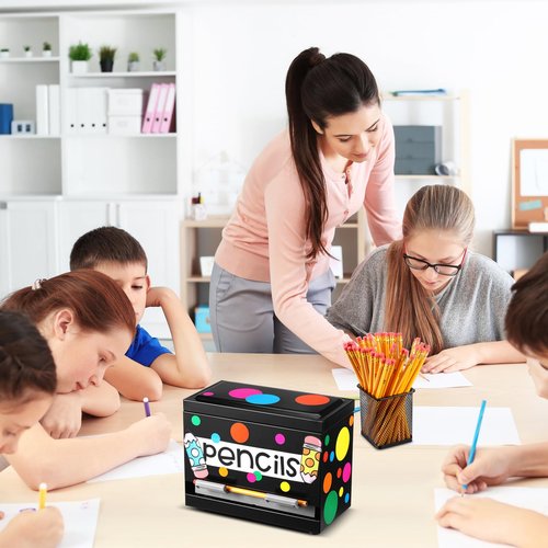 Black Pencil Dispenser for Classroom, Stainless Steel Pencil Dispenser Bulk Pencil Holder for Desk, with 50 Pencils 3 Stickers 1 Metal Pen Holder 1 for Bulk Pencils Storage Classroom Home Office