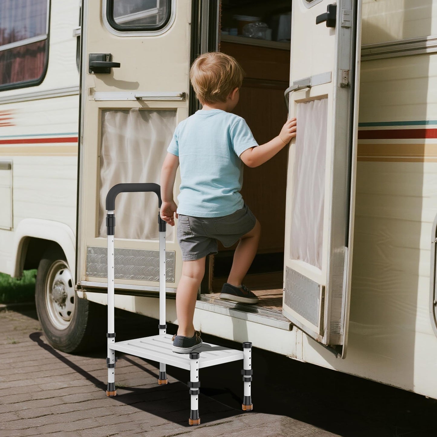 Adjustable Height Car Step Stool with Handrail for RV, SUV & Truck - 4 Legs & Handrail Height Adjustable, Heavy Duty 800 lbs Capacity, Non-Slip Safety Step Assist for Elderly, Seniors & Mobility Aid