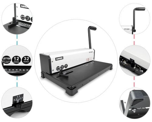 Rayson PT1202 Coil Binding Machine, 3:1 Pitch, 32 Hole Punch for Spiral & Click Binding Spines, Metal Spiral Binder Hole Punch, Punches 12 Sheets at a Time