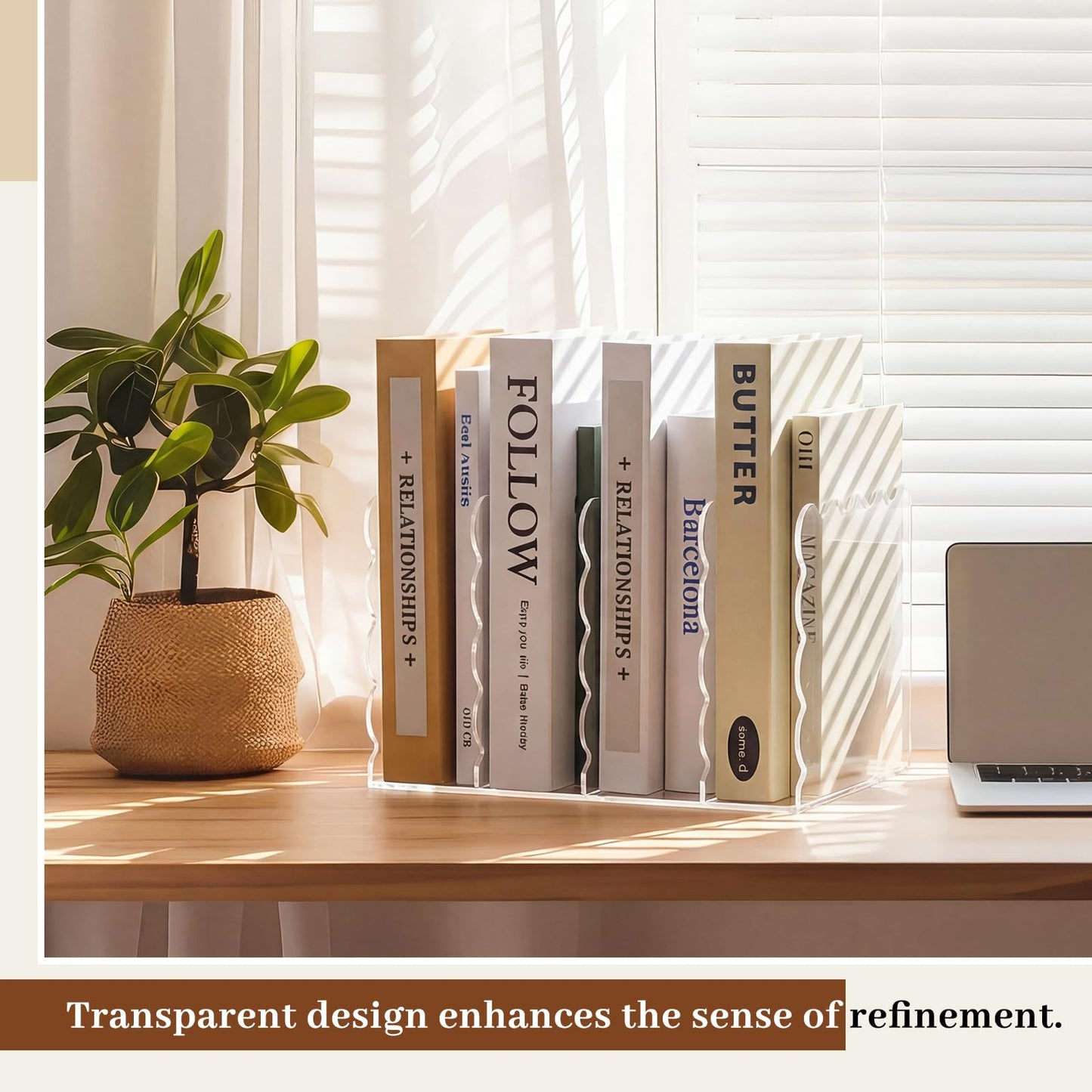 AmazingSpark 1 Pcs Scalloped Acrylic Book Holder for Desk with 4 Compartments 11.22 x 7.28 x 6.5 Inches Clear Acrylic Magazine Organizer Storage Mail Sorter with Wave Edge Design for Office Home