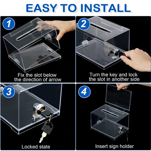 Kigley 9 Pack Acrylic Donation Box with Lock and Sign Clear Ballot Suggestion Donation Box with Slot for Fundraising Raffle Business Card Storage Container Voting Tip Jar