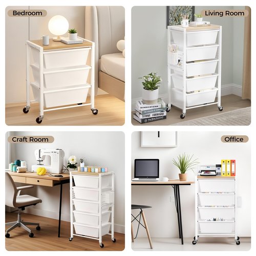 Rolling Cart with 4 Drawers, Plastic Drawer Storage Carts with Lockable Wheels & Wooden Tabletop, Metal Utility Cart with Pegboards, Office Living Room Classroom Craft Organization and Storage, White