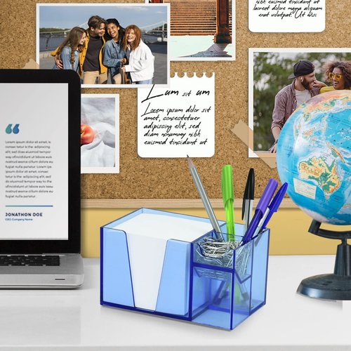Acrimet Desktop Organizer Pencil, Pen, Paper, Clip, Caddy Holder (Plastic) (White Paper Included) (Clear Blue Color)
