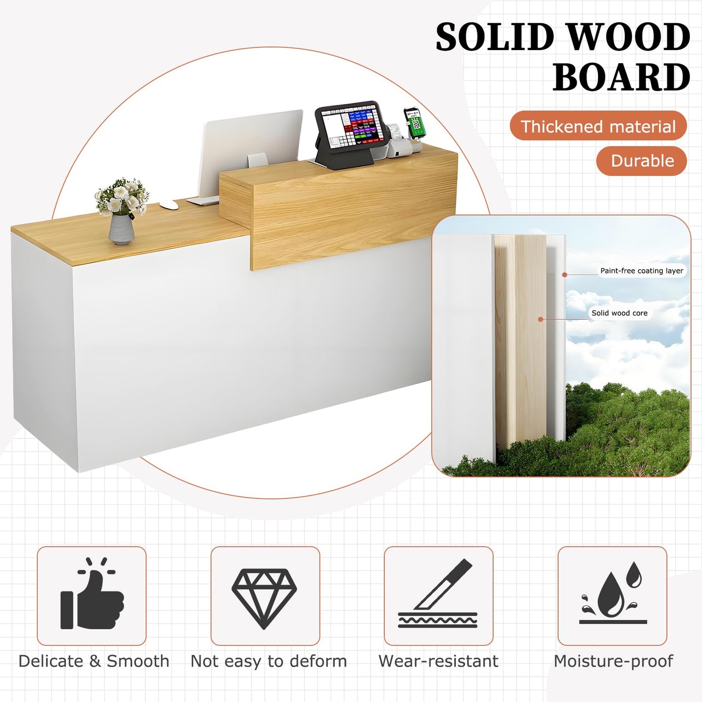 Modern Reception Desk with Drawer & Open Shelves, 39-95 Inch Front Counter Table, Computer Workstation Suitable for Salons, Offices, Lobbies, Retail Stores and Home Offices