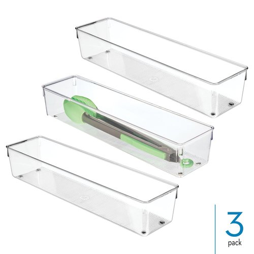 iDesign Plastic Drawer Organizer Bins - Storage for Kitchen, Bathroom, and Desk Drawers - Set of 3 - Clear
