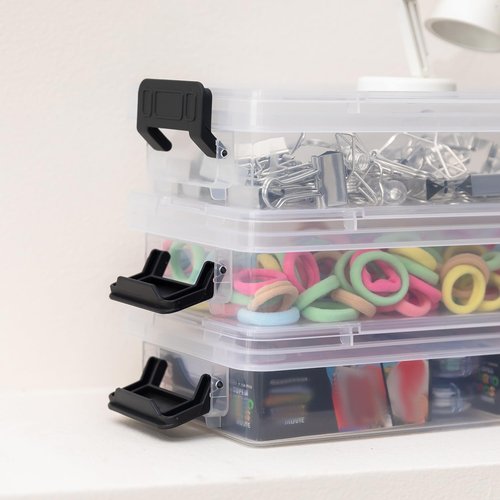 Bienvoun 6Pack Clear Pencil Box Plastic Storage Containers with Latching Lids Stackable Office Supplies Organizer for Gel Pens Erasers Crafts Markers Crayon