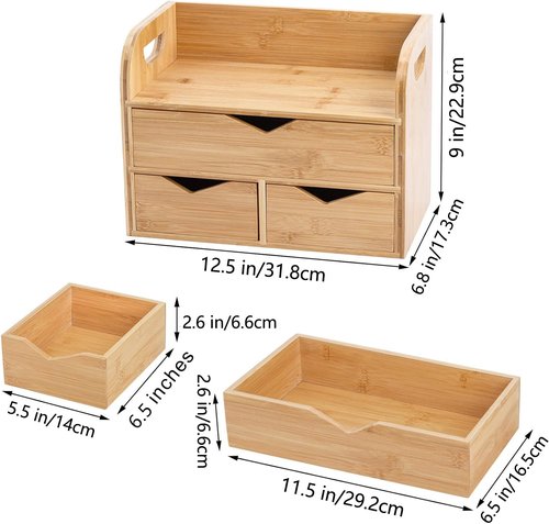 Hacaroa 3 Tier Bamboo Desktop Organizer with 3 Drawers, Mini Tabletop Craft Box Cosmetic Storage Drawer with Handle, Portable Desk Letter Mail Sorter for Office Supply, Toiletries