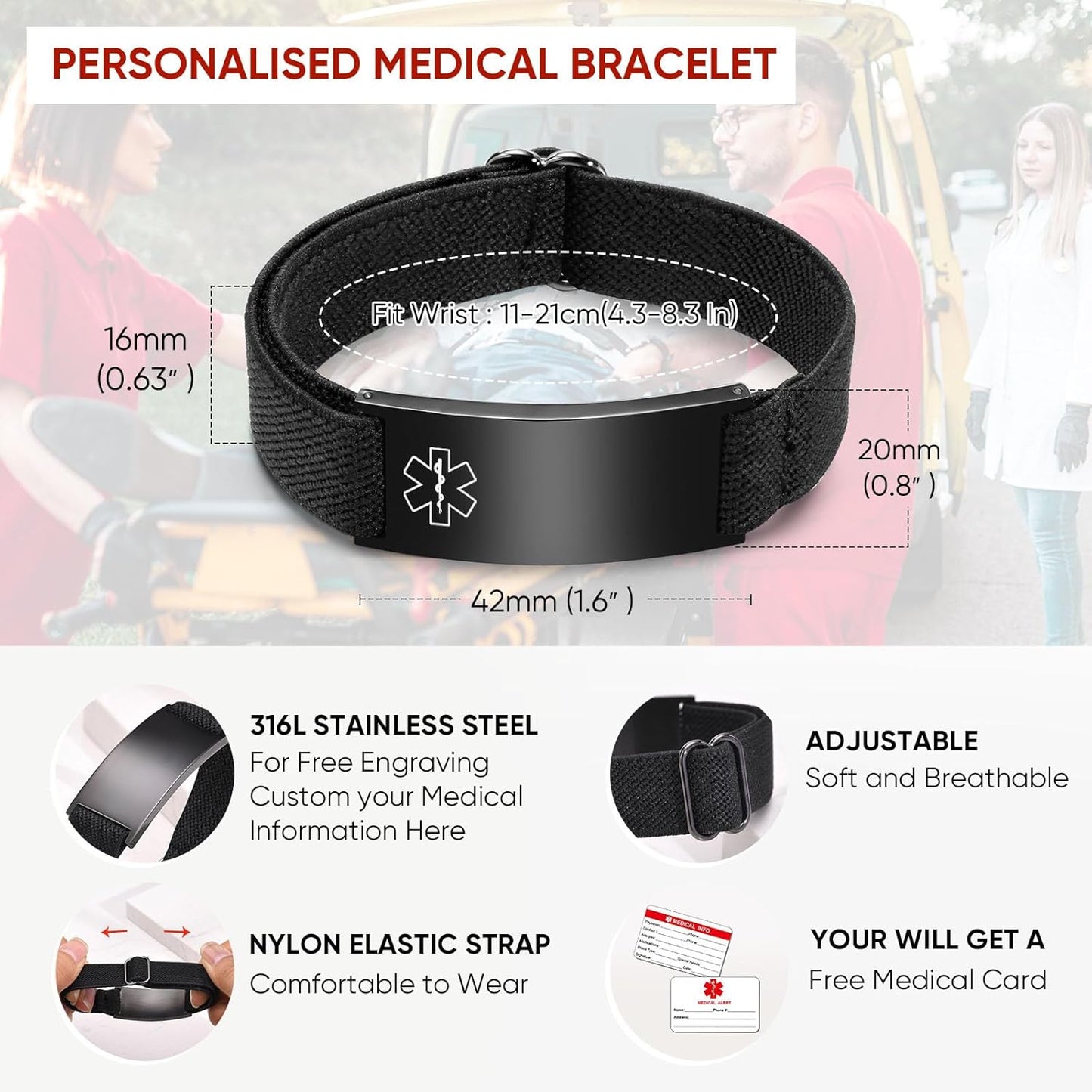 Skiennix Personalized Medical Alert Bracelet - Custom Engraved Stainless Steel ID for Emergency Awareness | Elastic Strap for Men