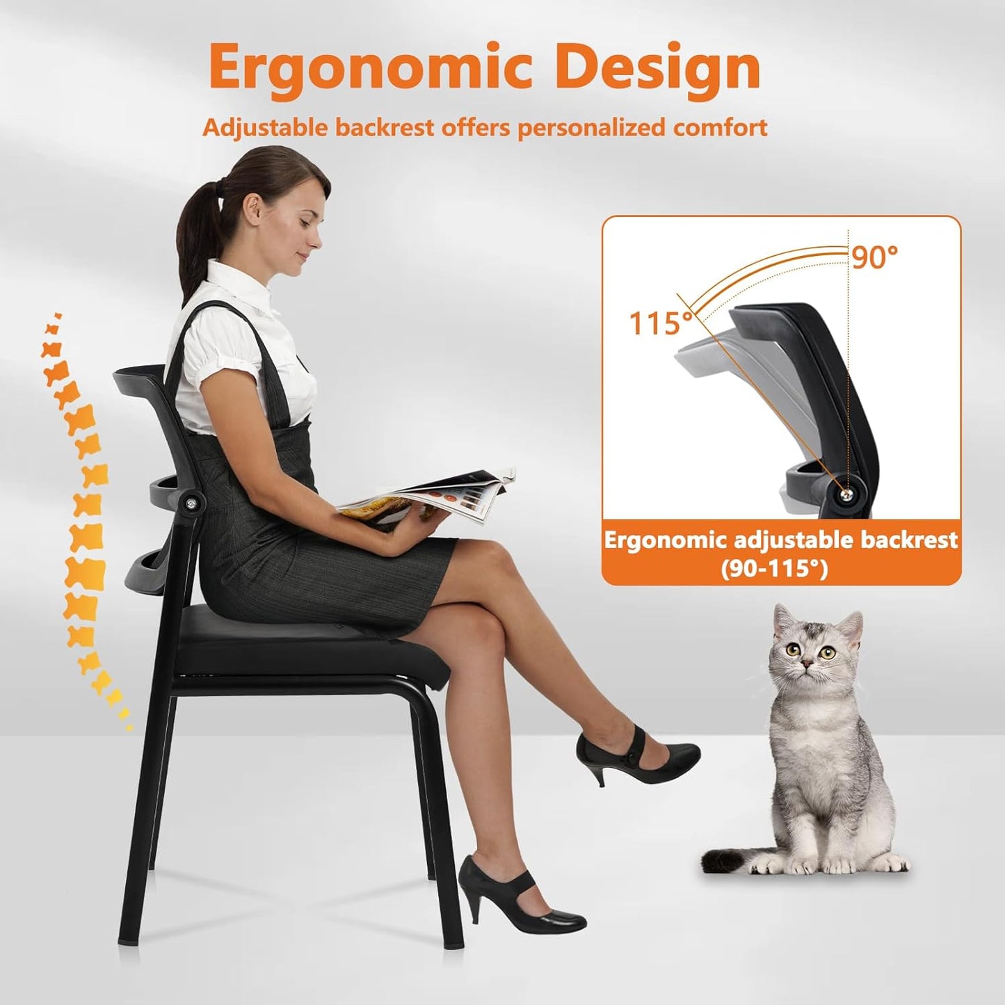 CLATINA Stacking Waiting Room Chairs - Ergonomic Mesh Backrest & Leather Cushion - 4-Pack