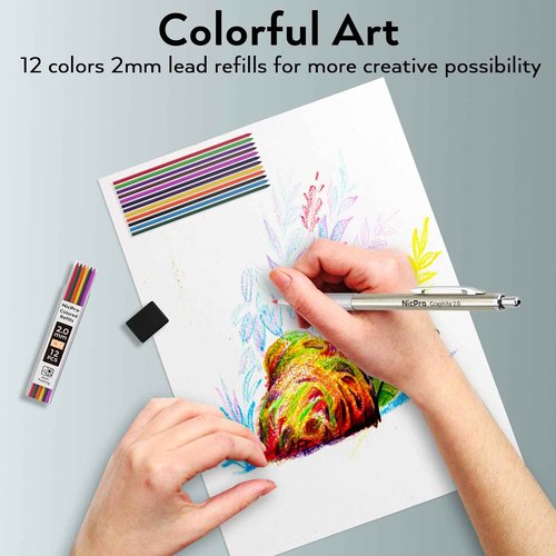 Nicpro 33PCS Metal Mechanical Pencil Set in Leather Case, Art Drafting Pencil 0.3, 0.5, 0.7, 0.9 mm, 2mm Lead Pencil Holders for Sketching Drawing With 18 Tube (6B 4B 2B HB 2H 4H Colors) Lead Refills